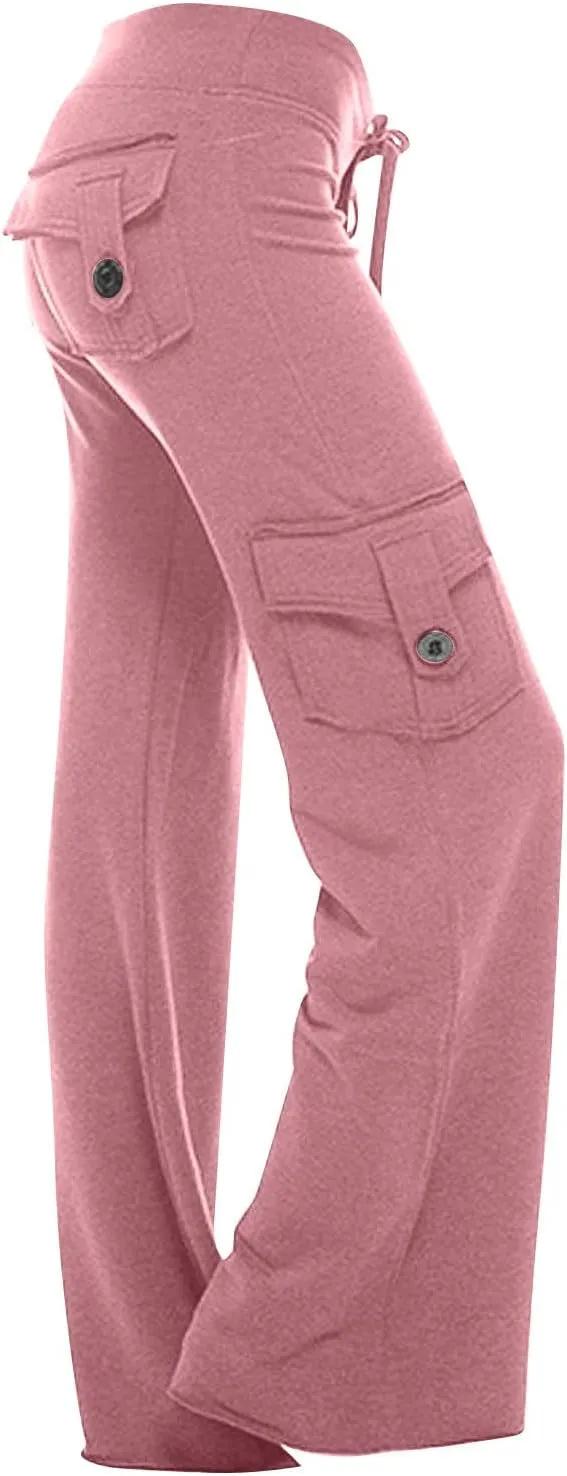 2025 Womens Yoga Leggings Cargo Pants Stretchy Drawstring Elastic Waist Loose Trousers Side Pockets Wide Leg Yoga Leggings