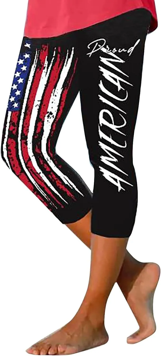 4th of July Capri Leggings for Women High Waist Capris Pant Tummy Control Knee Length Slim Fit Yoga Cropped Trouser