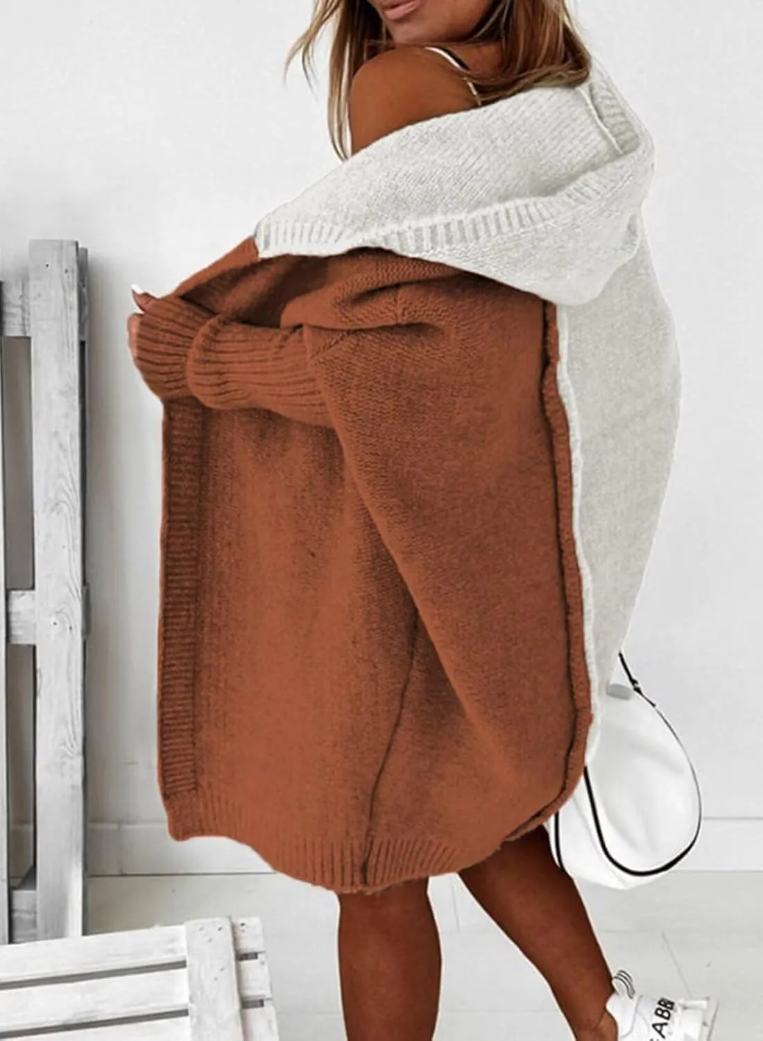 Astylish Women 2025 Open Front Long Sleeve Hooded Knit Cardigan Sweaters Color Block Outwear Coats
