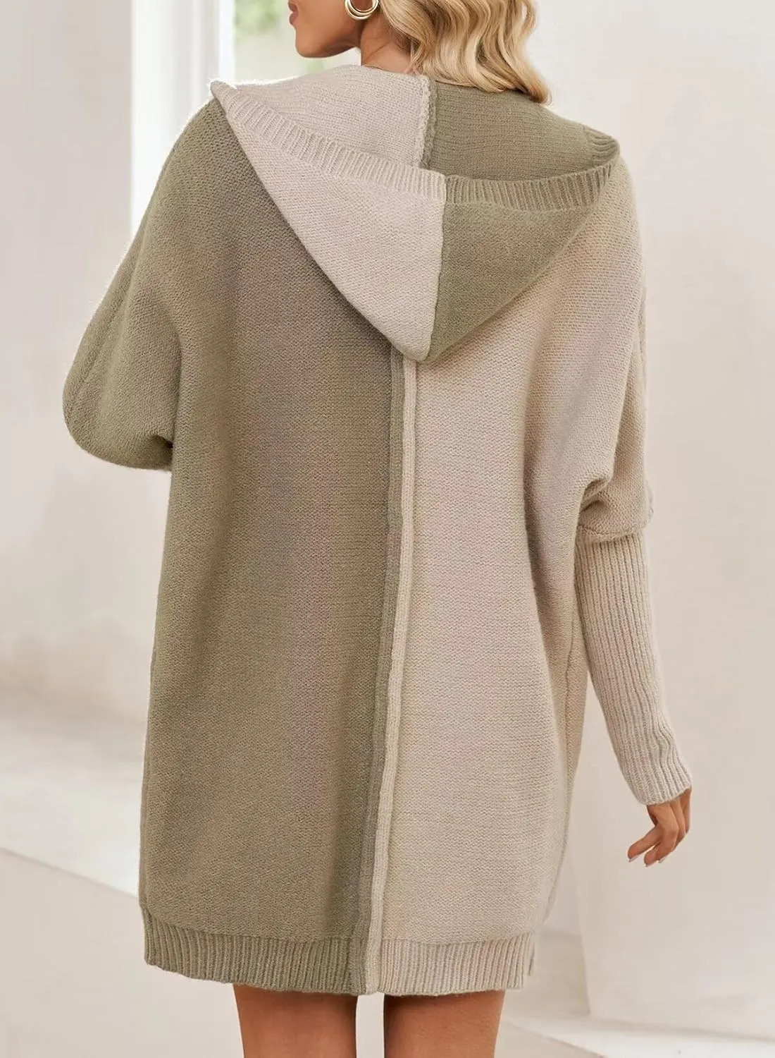 Astylish Women 2025 Open Front Long Sleeve Hooded Knit Cardigan Sweaters Color Block Outwear Coats
