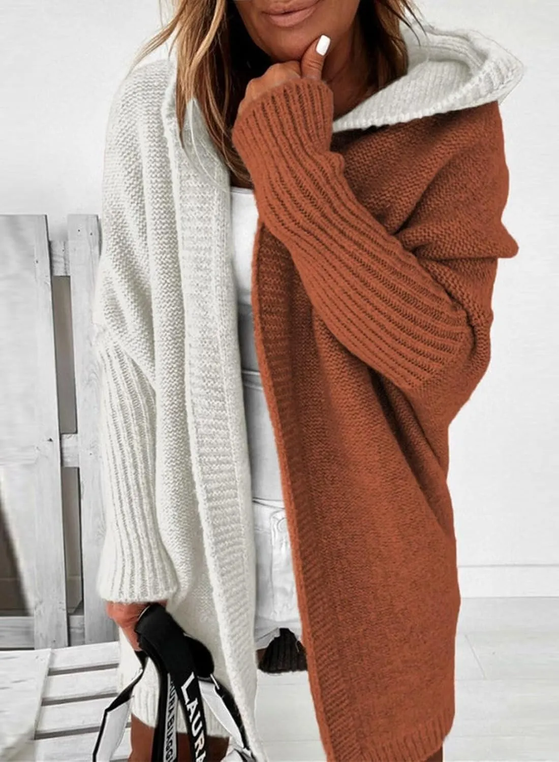 Astylish Women 2025 Open Front Long Sleeve Hooded Knit Cardigan Sweaters Color Block Outwear Coats