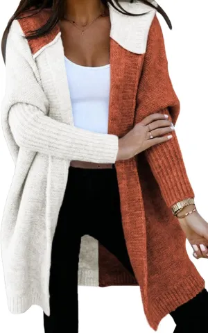 Astylish Women 2025 Open Front Long Sleeve Hooded Knit Cardigan Sweaters Color Block Outwear Coats