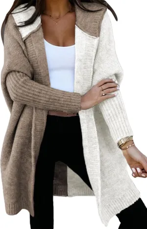 Astylish Women 2025 Open Front Long Sleeve Hooded Knit Cardigan Sweaters Color Block Outwear Coats