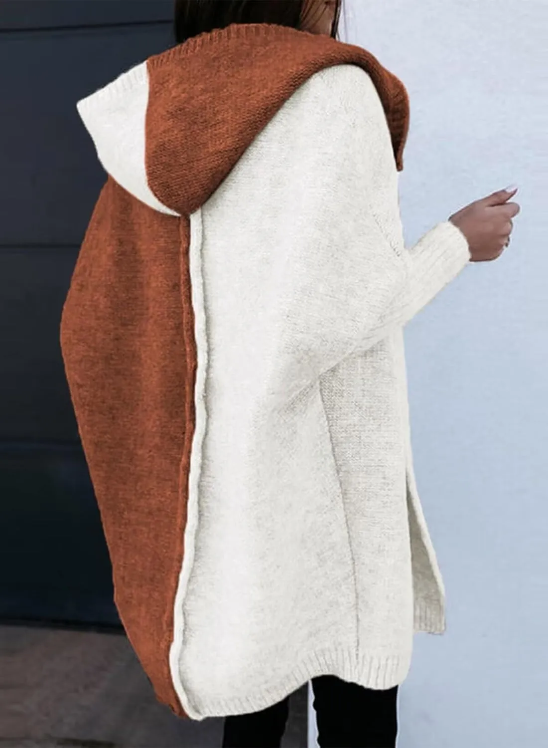 Astylish Women 2025 Open Front Long Sleeve Hooded Knit Cardigan Sweaters Color Block Outwear Coats