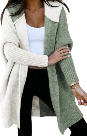 Astylish Women 2025 Open Front Long Sleeve Hooded Knit Cardigan Sweaters Color Block Outwear Coats