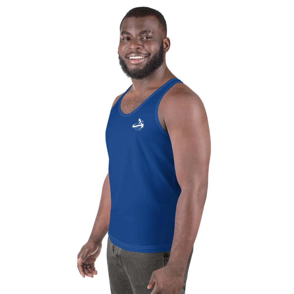 Athletic Apparatus Blue 2 White logo White stitch Unisex Tank Top