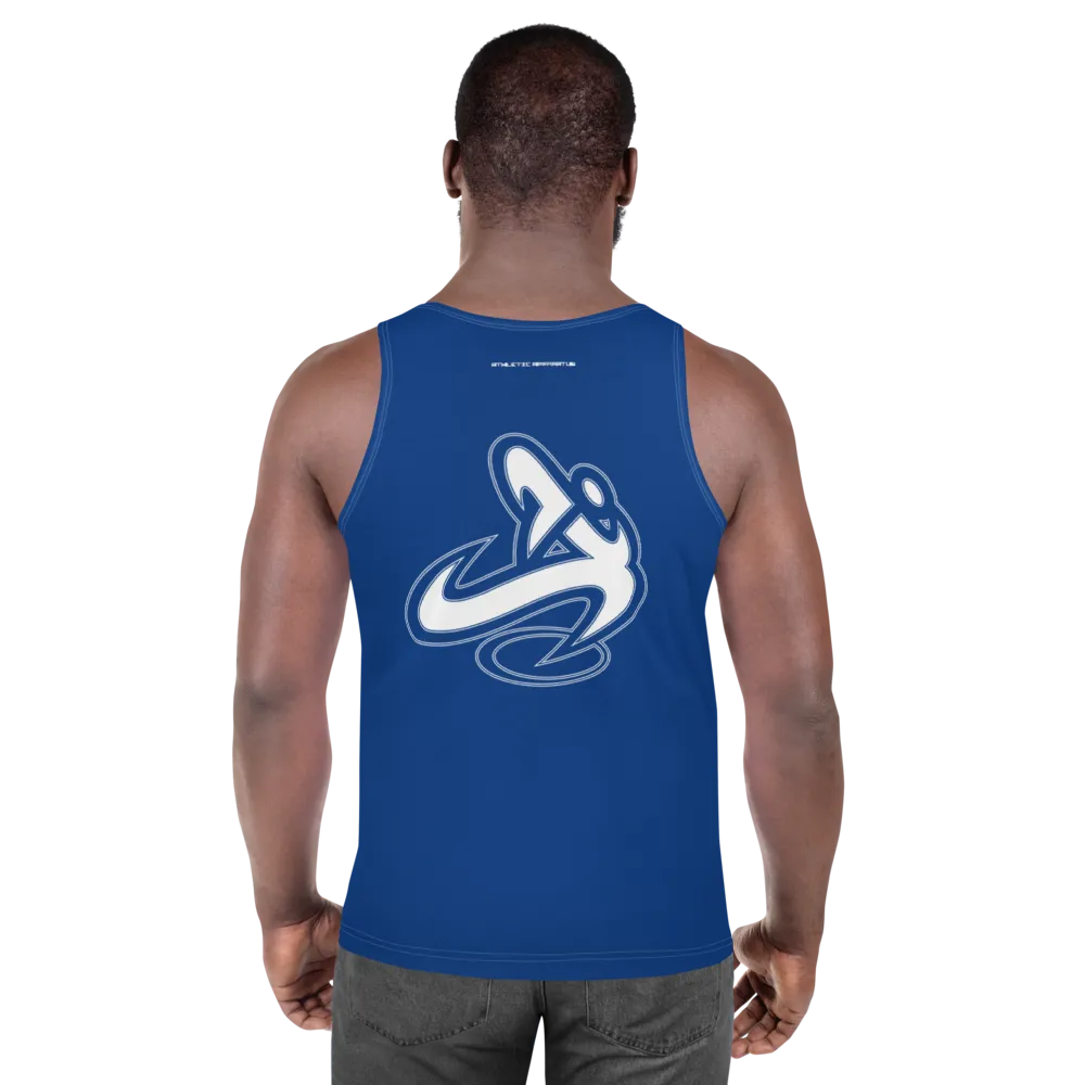Athletic Apparatus Blue 2 White logo White stitch Unisex Tank Top