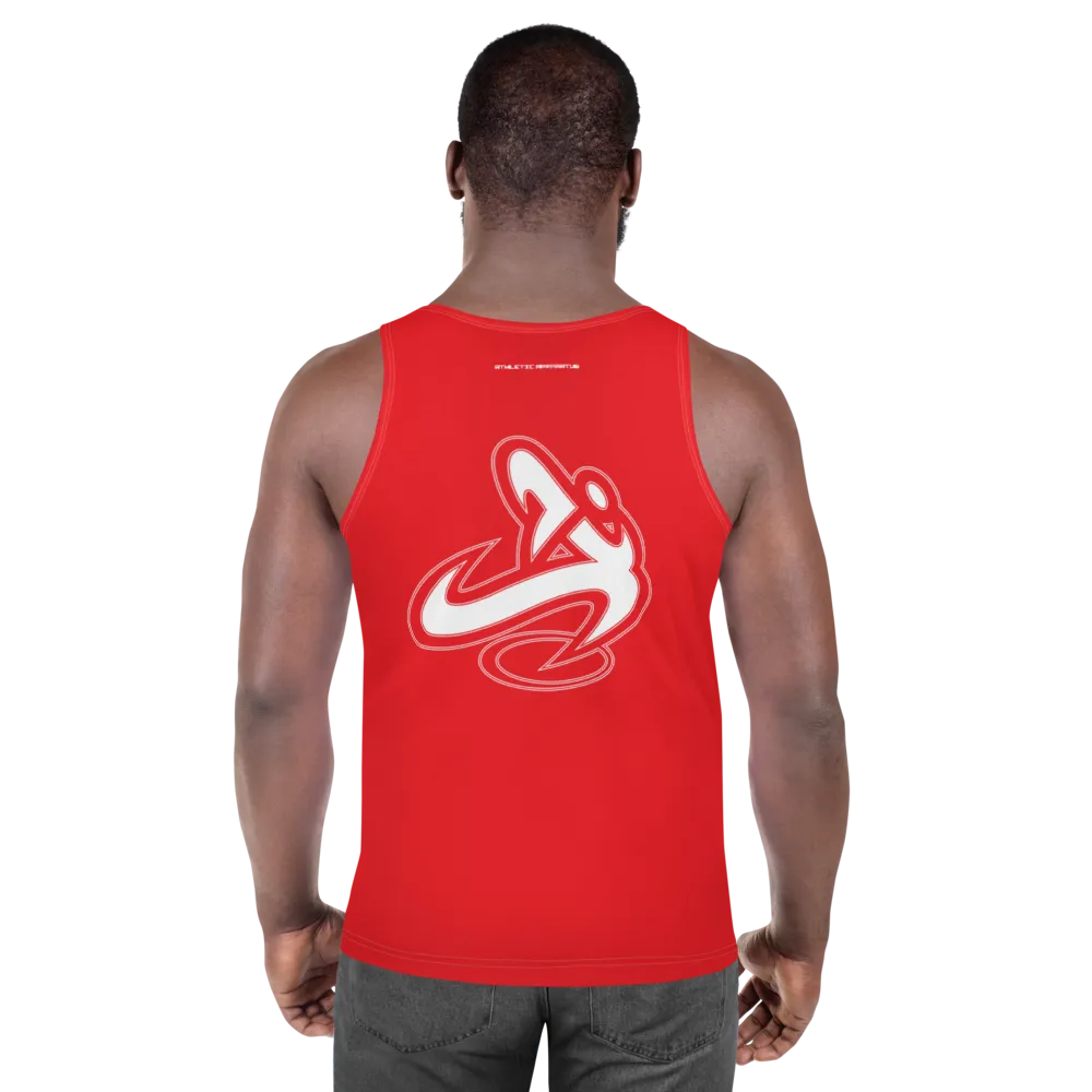 Athletic Apparatus Red 1 White logo White stitch Unisex Tank Top