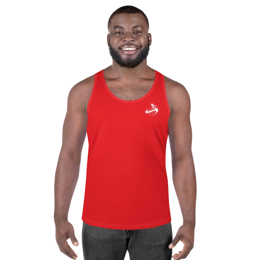 Athletic Apparatus Red 1 White logo White stitch Unisex Tank Top