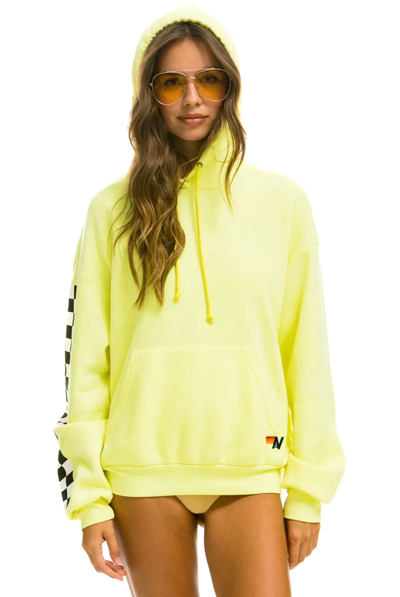 Aviator Nation RELAXED CHECK SLEEVE PULLOVER UNISEX HOODIE - NEON YELLOW
