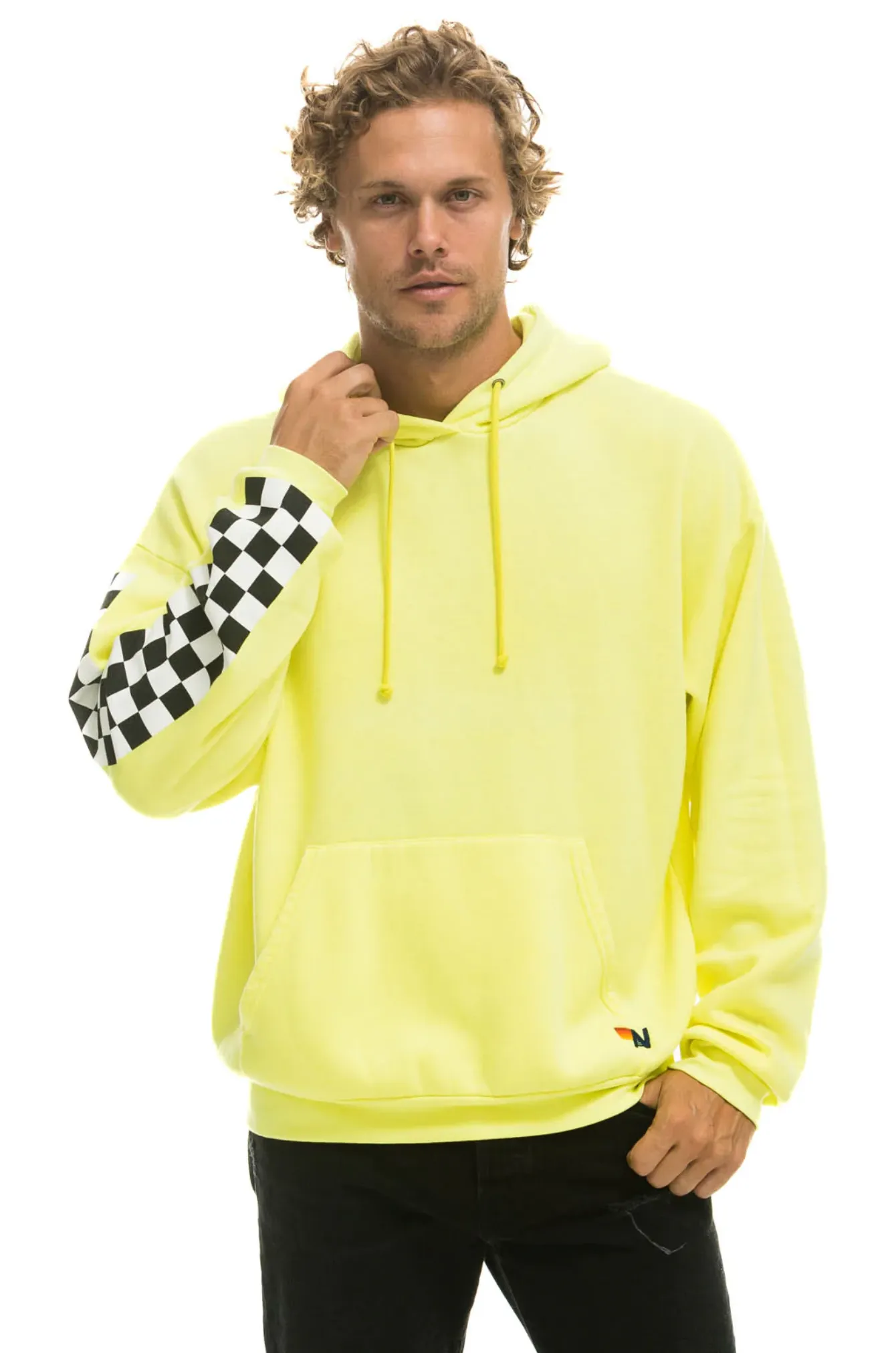 Aviator Nation RELAXED CHECK SLEEVE PULLOVER UNISEX HOODIE - NEON YELLOW