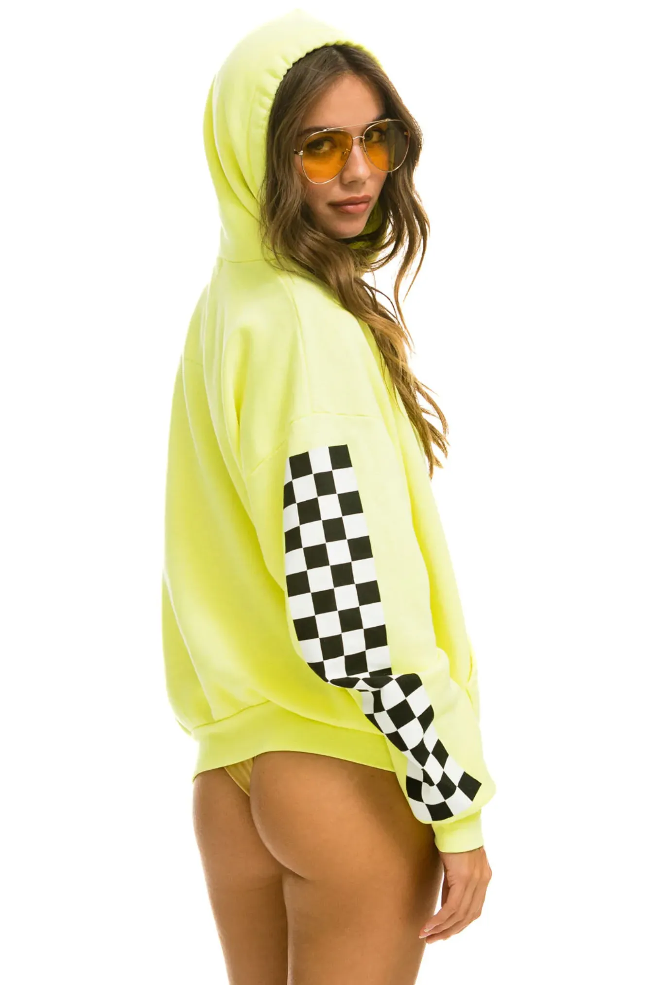 Aviator Nation RELAXED CHECK SLEEVE PULLOVER UNISEX HOODIE - NEON YELLOW