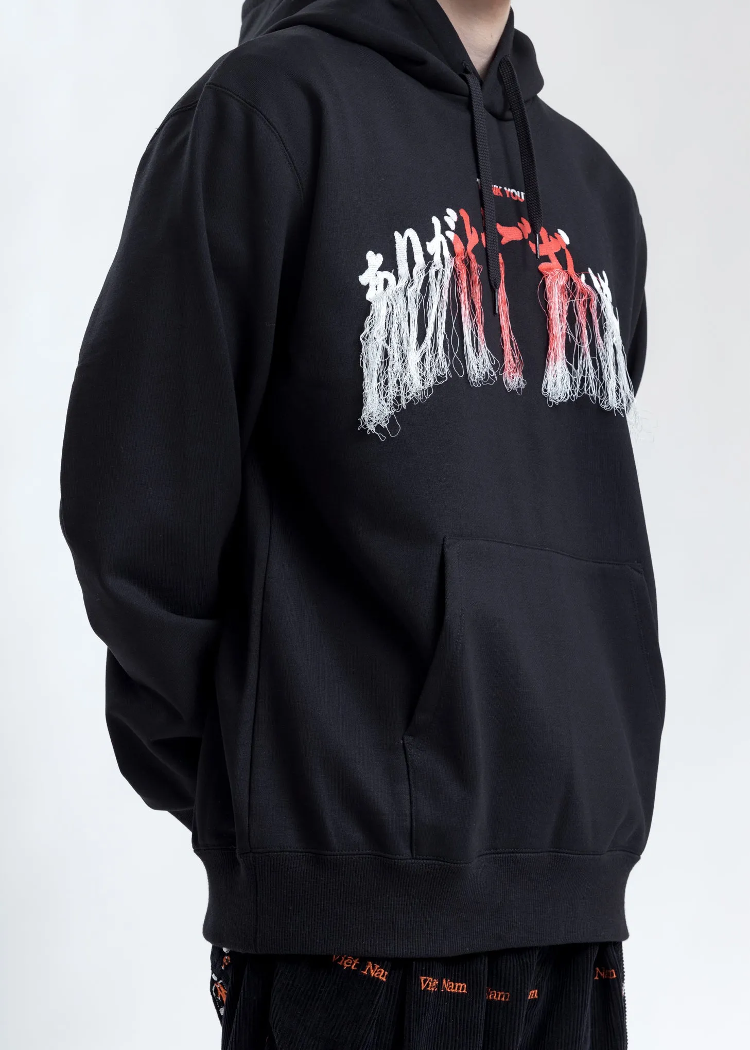 Black Thank You Fringe Embroidery Hoodie