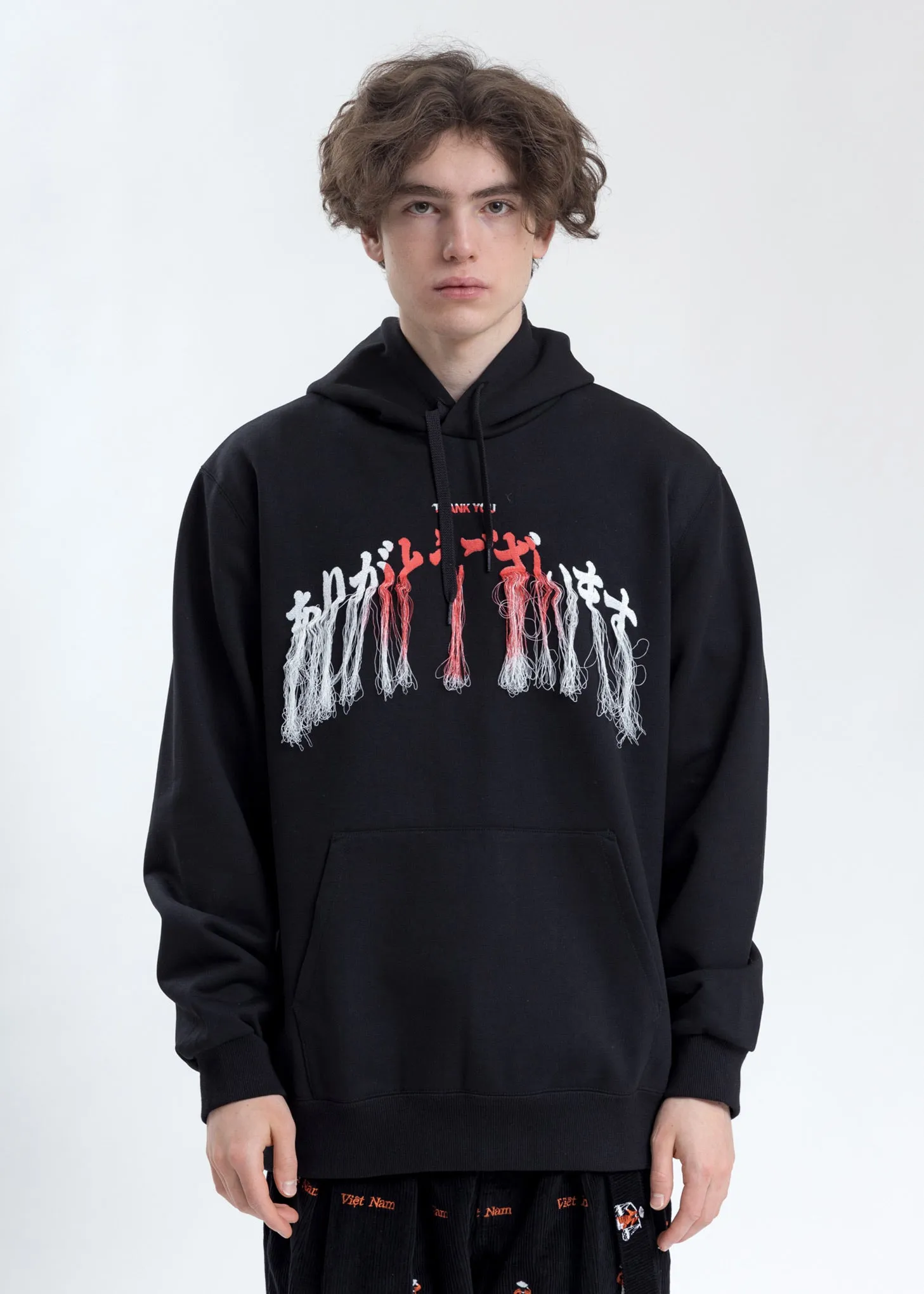 Black Thank You Fringe Embroidery Hoodie