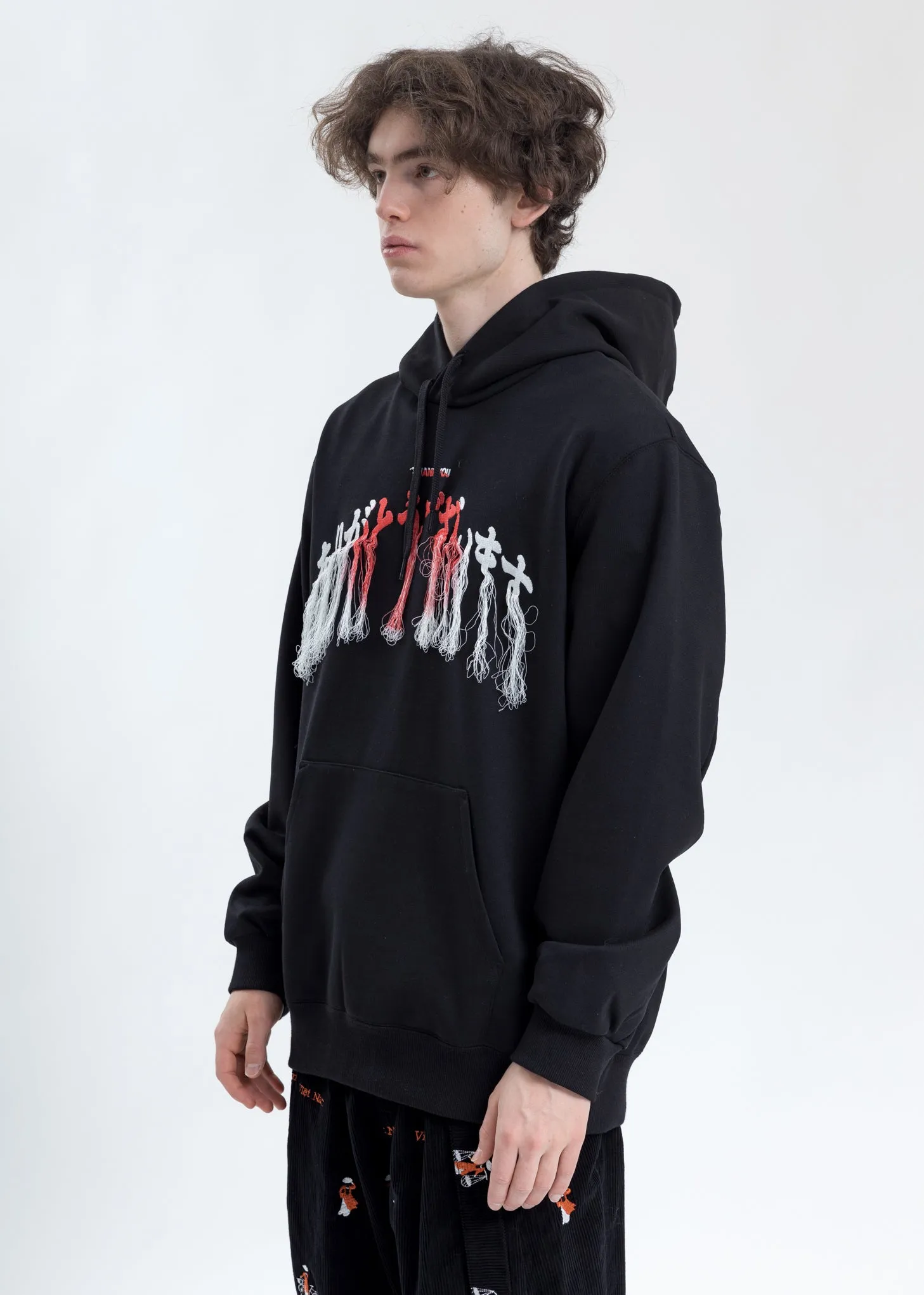 Black Thank You Fringe Embroidery Hoodie