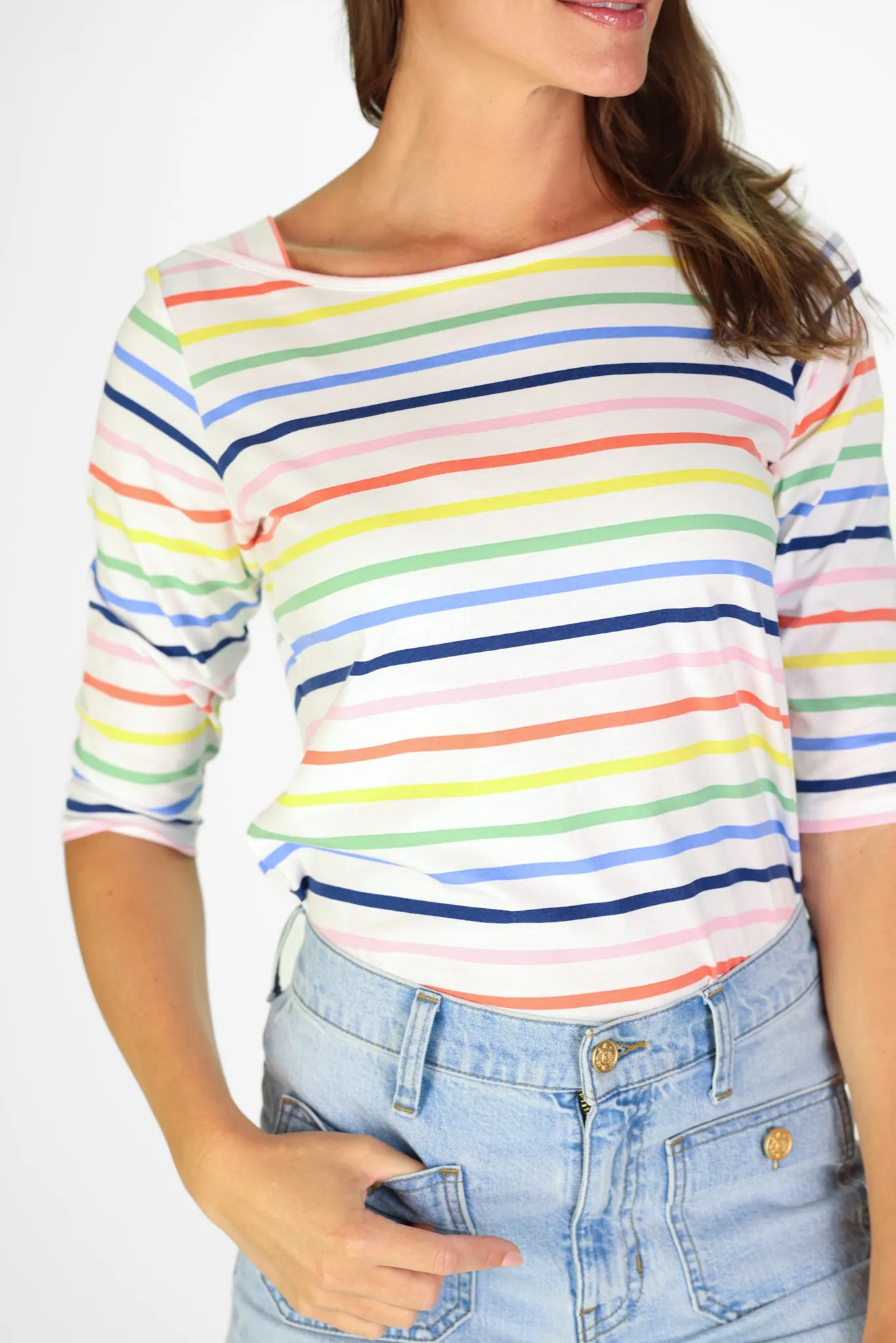 Boat Neck Lake Tee in Rainbow Stripe
