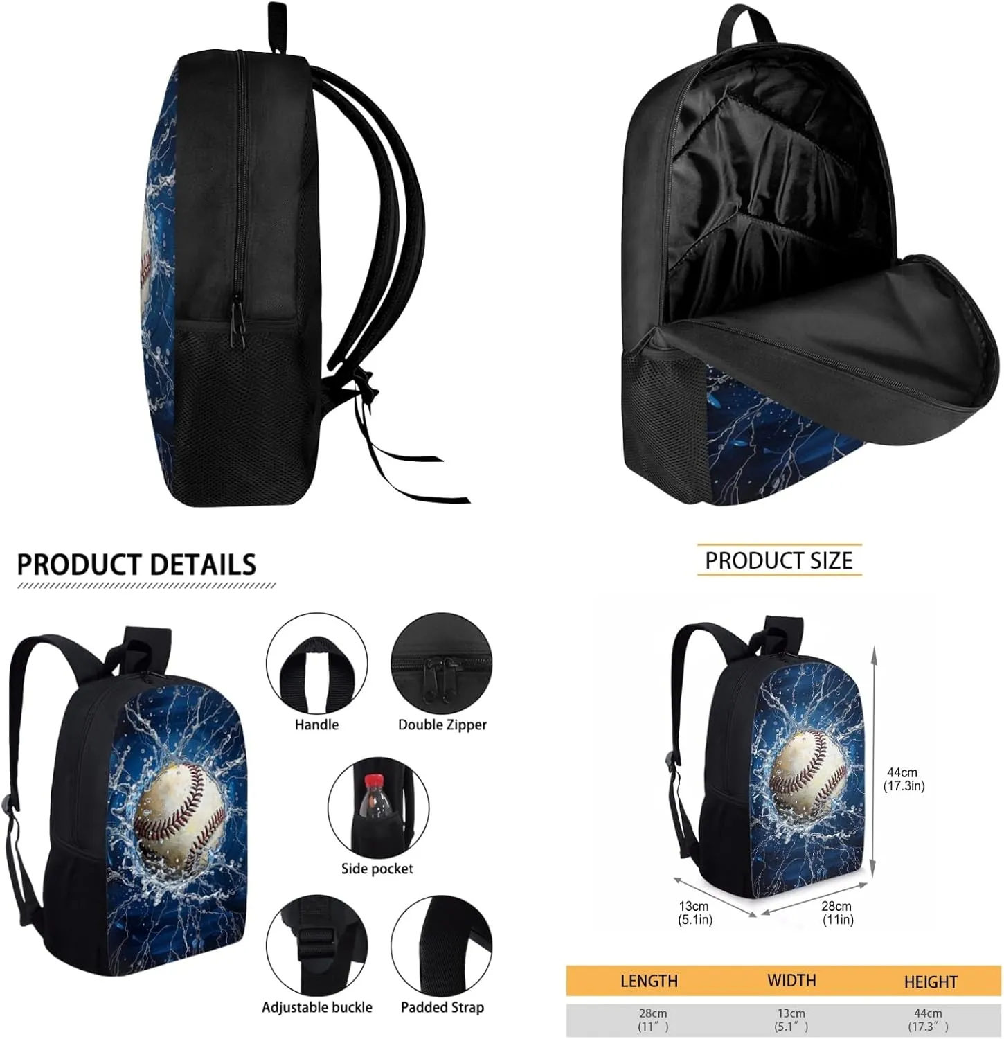 Boys Baseball Backpack 3 Pcs Set for 4-12 Years Kids Book Bag with Lunch Box for Preschool Elementary Children Bookbag with Water Bottle for Child 17 Inch Daypack