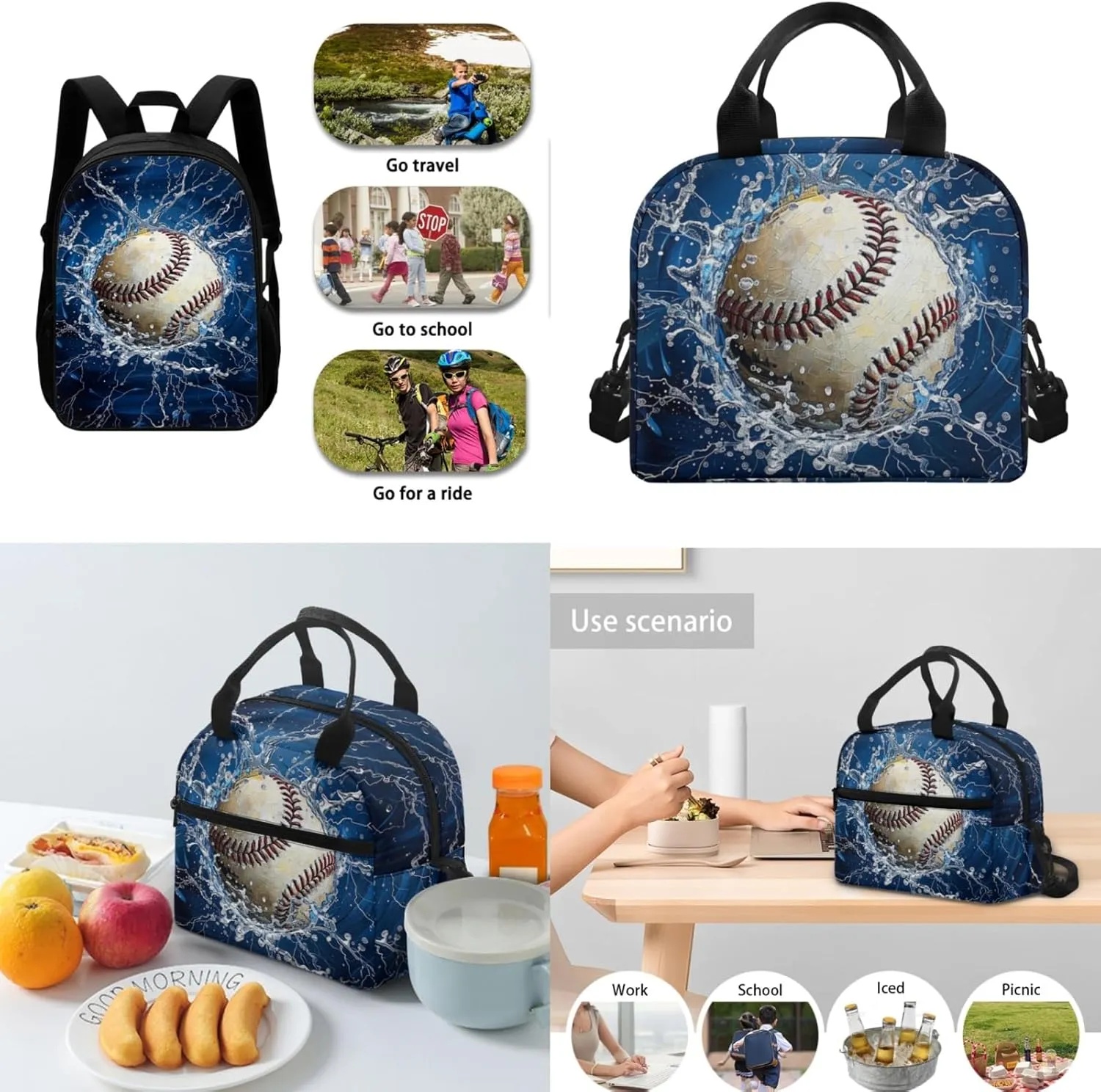 Boys Baseball Backpack 3 Pcs Set for 4-12 Years Kids Book Bag with Lunch Box for Preschool Elementary Children Bookbag with Water Bottle for Child 17 Inch Daypack