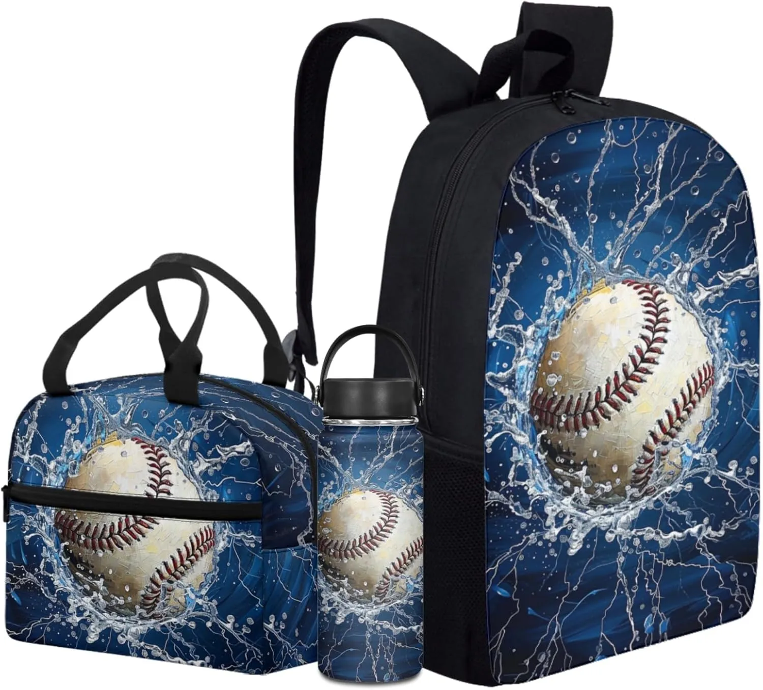 Boys Baseball Backpack 3 Pcs Set for 4-12 Years Kids Book Bag with Lunch Box for Preschool Elementary Children Bookbag with Water Bottle for Child 17 Inch Daypack