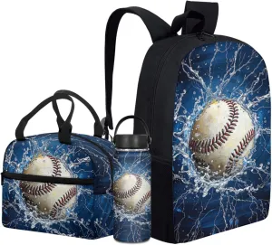Boys Baseball Backpack 3 Pcs Set for 4-12 Years Kids Book Bag with Lunch Box for Preschool Elementary Children Bookbag with Water Bottle for Child 17 Inch Daypack