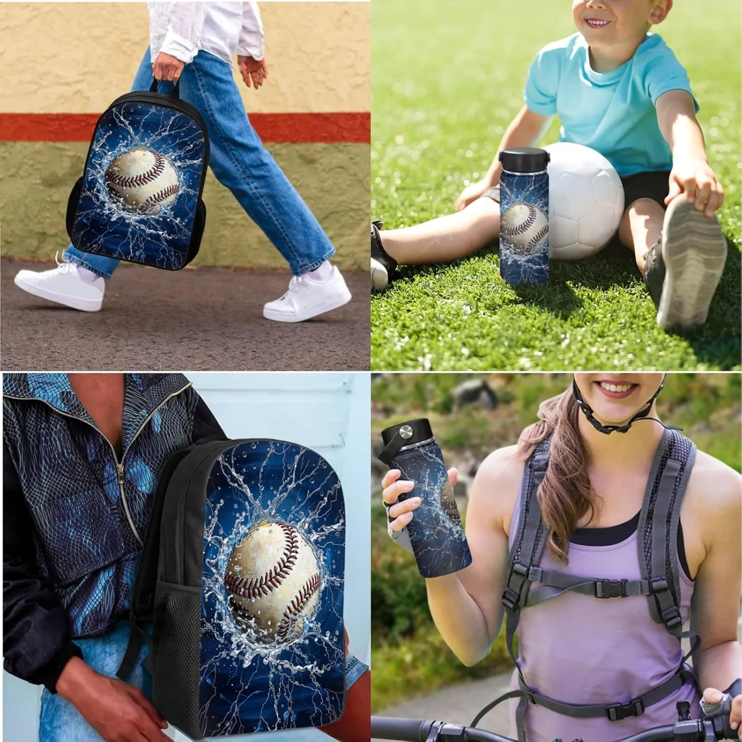Boys Baseball Backpack 3 Pcs Set for 4-12 Years Kids Book Bag with Lunch Box for Preschool Elementary Children Bookbag with Water Bottle for Child 17 Inch Daypack