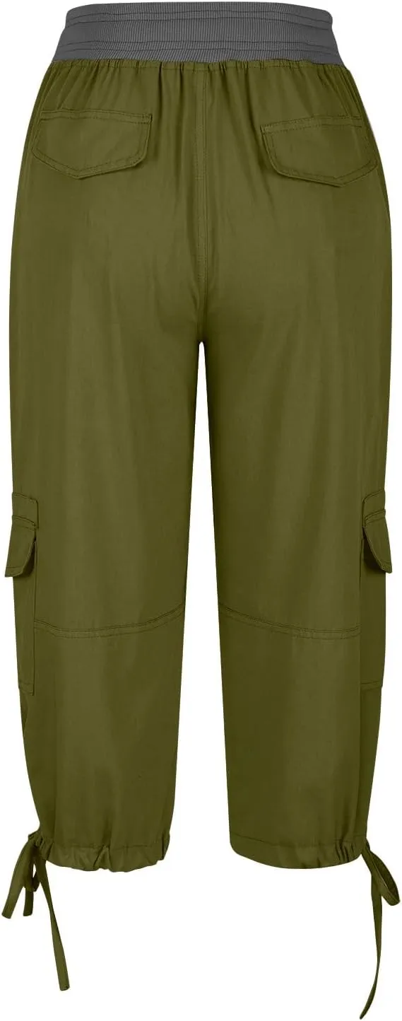 Capri Pants for Women Summer Cargo Capris with Pockets Drawstring Casual Hiking Solid Elastic Waist Cropped Trousers