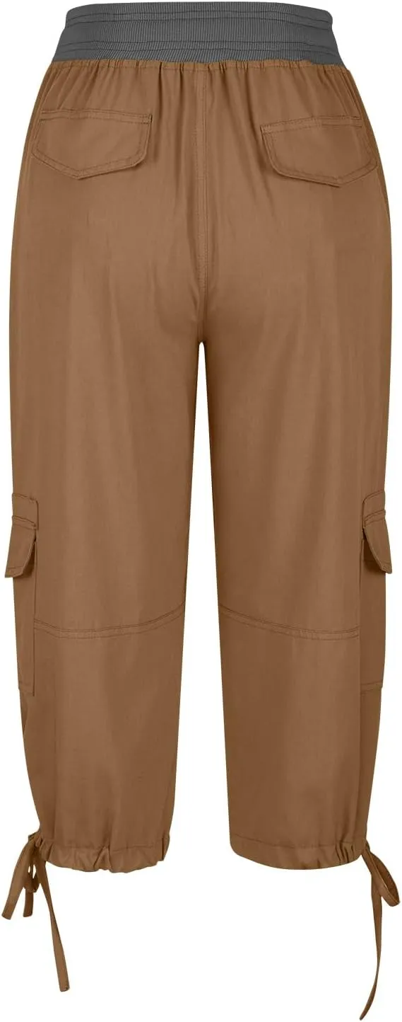 Capri Pants for Women Summer Cargo Capris with Pockets Drawstring Casual Hiking Solid Elastic Waist Cropped Trousers