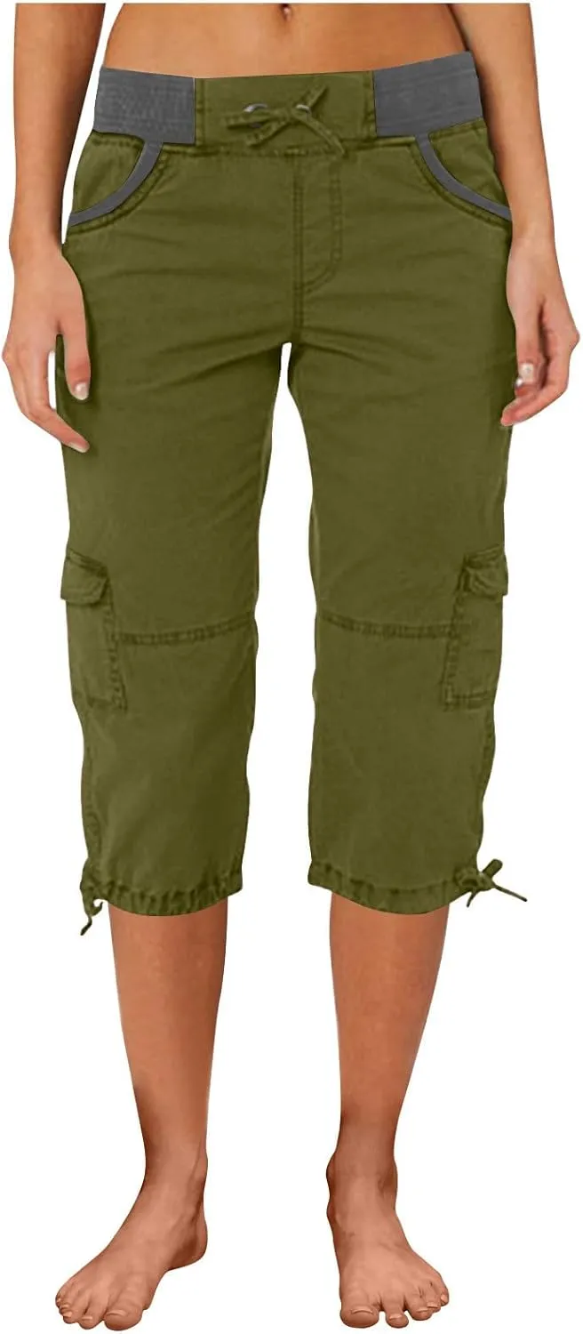 Capri Pants for Women Summer Cargo Capris with Pockets Drawstring Casual Hiking Solid Elastic Waist Cropped Trousers