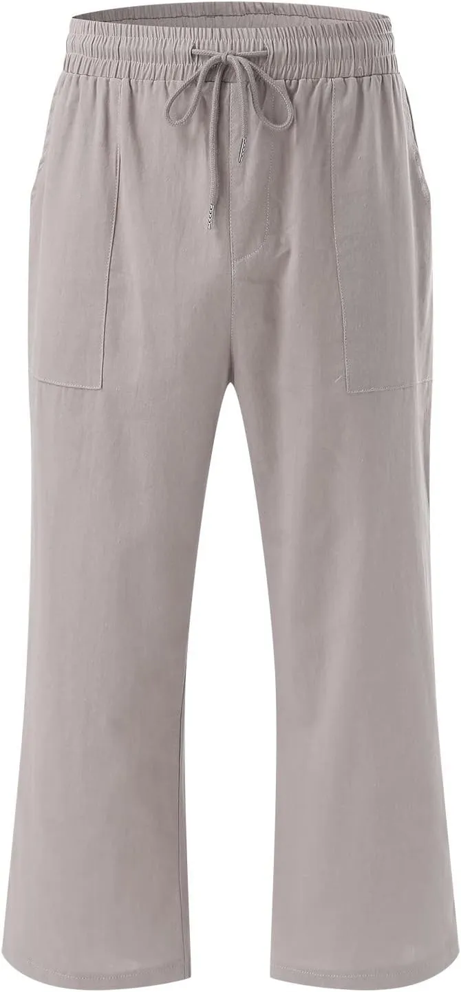 Capris Pants for Women Casual Summer 2025 Cotton Linen Pant Lounge Elastic Waisted Wide Leg Cropped Trousers