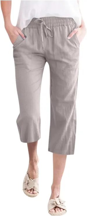 Capris Pants for Women Casual Summer 2025 Cotton Linen Pant Lounge Elastic Waisted Wide Leg Cropped Trousers