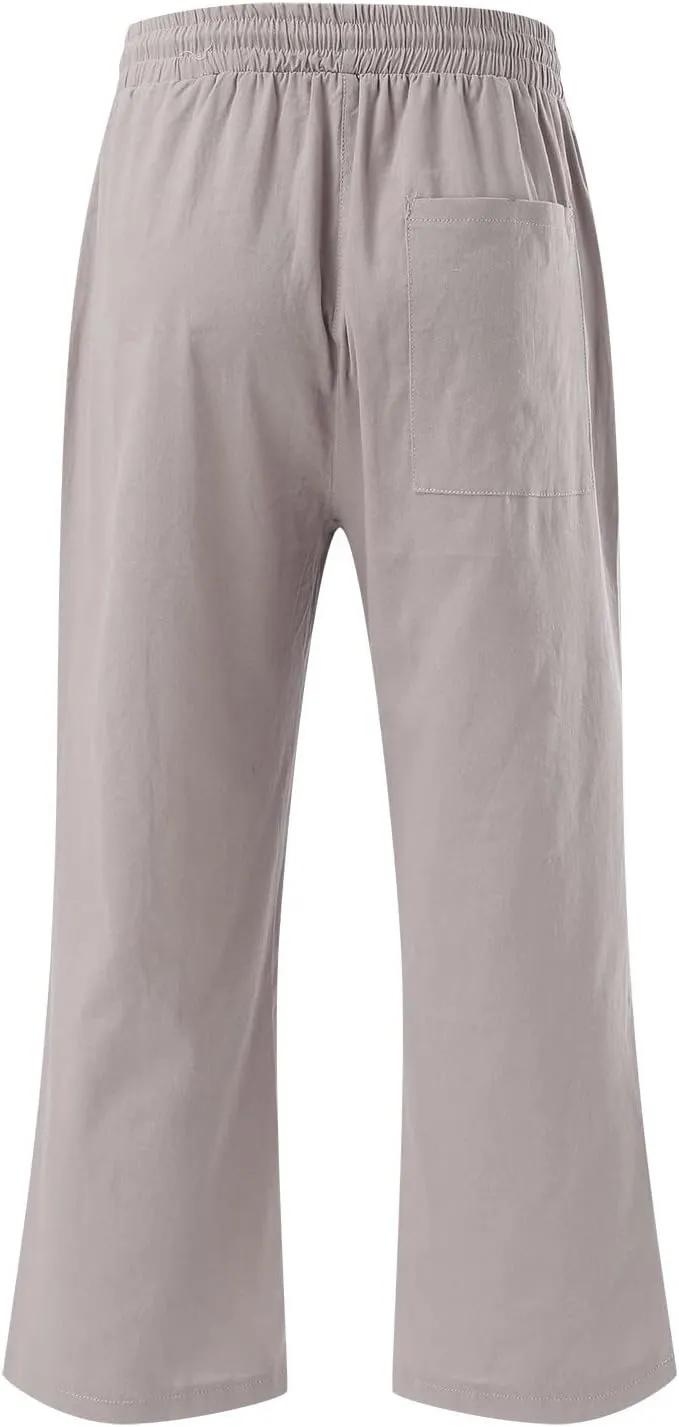 Capris Pants for Women Casual Summer 2025 Cotton Linen Pant Lounge Elastic Waisted Wide Leg Cropped Trousers
