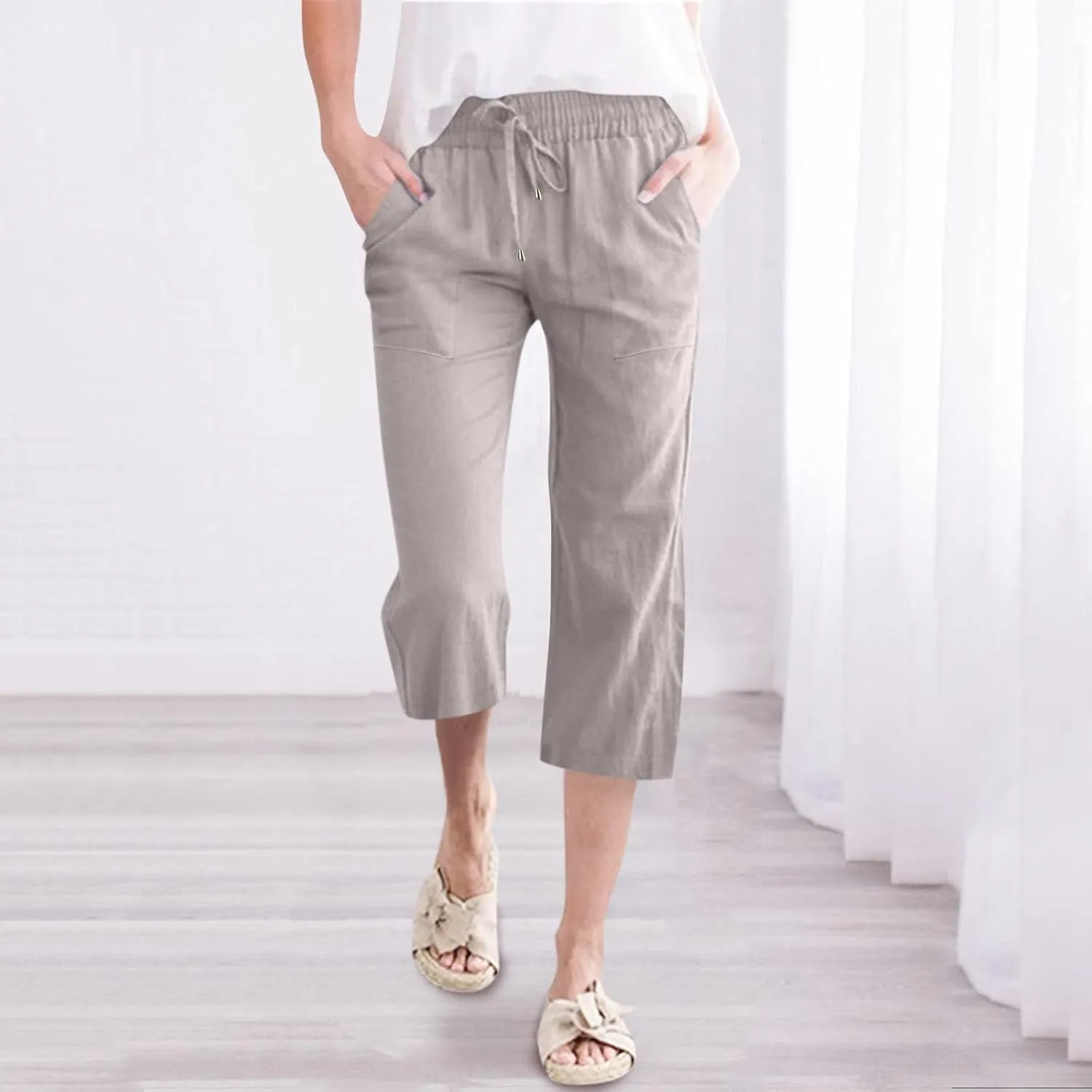 Capris Pants for Women Casual Summer 2025 Cotton Linen Pant Lounge Elastic Waisted Wide Leg Cropped Trousers