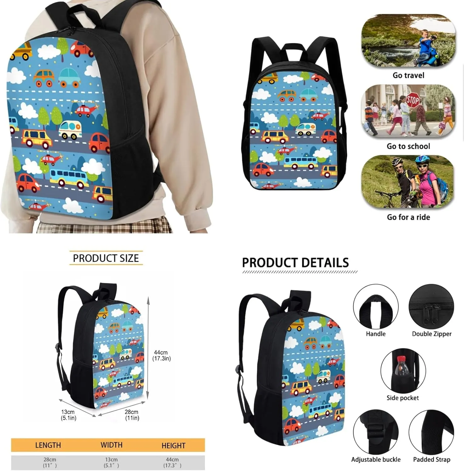 Car Boys 3 Pcs Backpack Set with Lunch Box Water Bottle for Elementary Kids Bookbag Large Daypack for Age 3-9 Children School Bag for Girls 17 Inch Book Bags