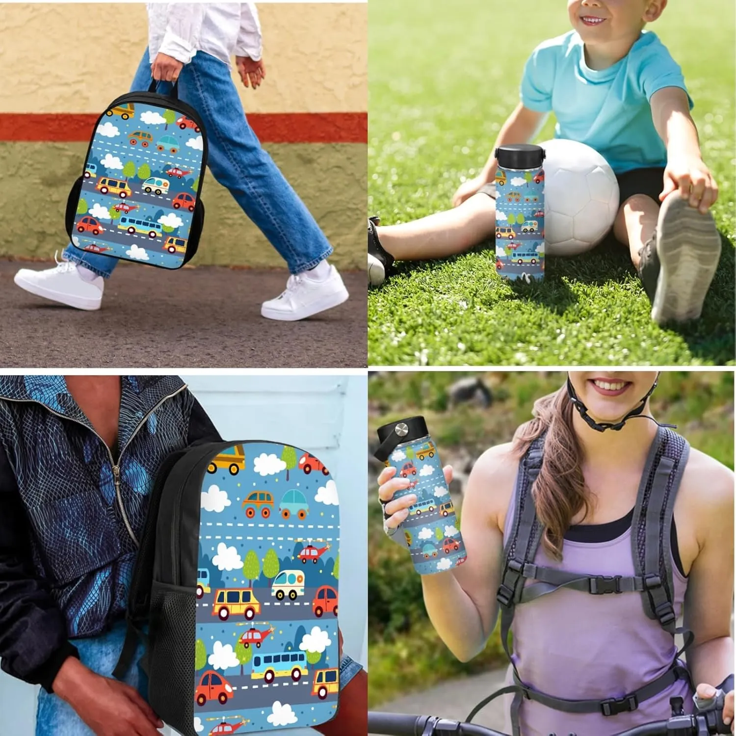 Car Boys 3 Pcs Backpack Set with Lunch Box Water Bottle for Elementary Kids Bookbag Large Daypack for Age 3-9 Children School Bag for Girls 17 Inch Book Bags