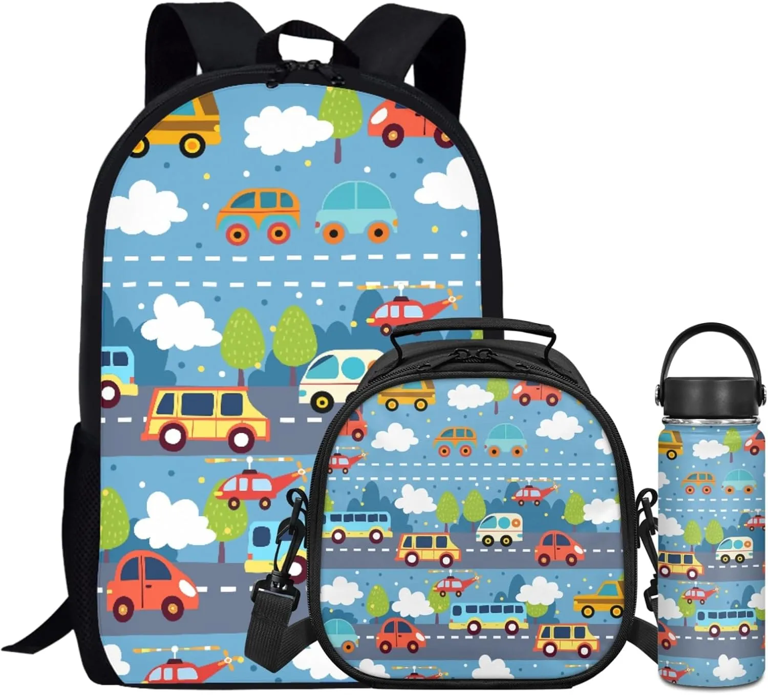 Car Boys 3 Pcs Backpack Set with Lunch Box Water Bottle for Elementary Kids Bookbag Large Daypack for Age 3-9 Children School Bag for Girls 17 Inch Book Bags