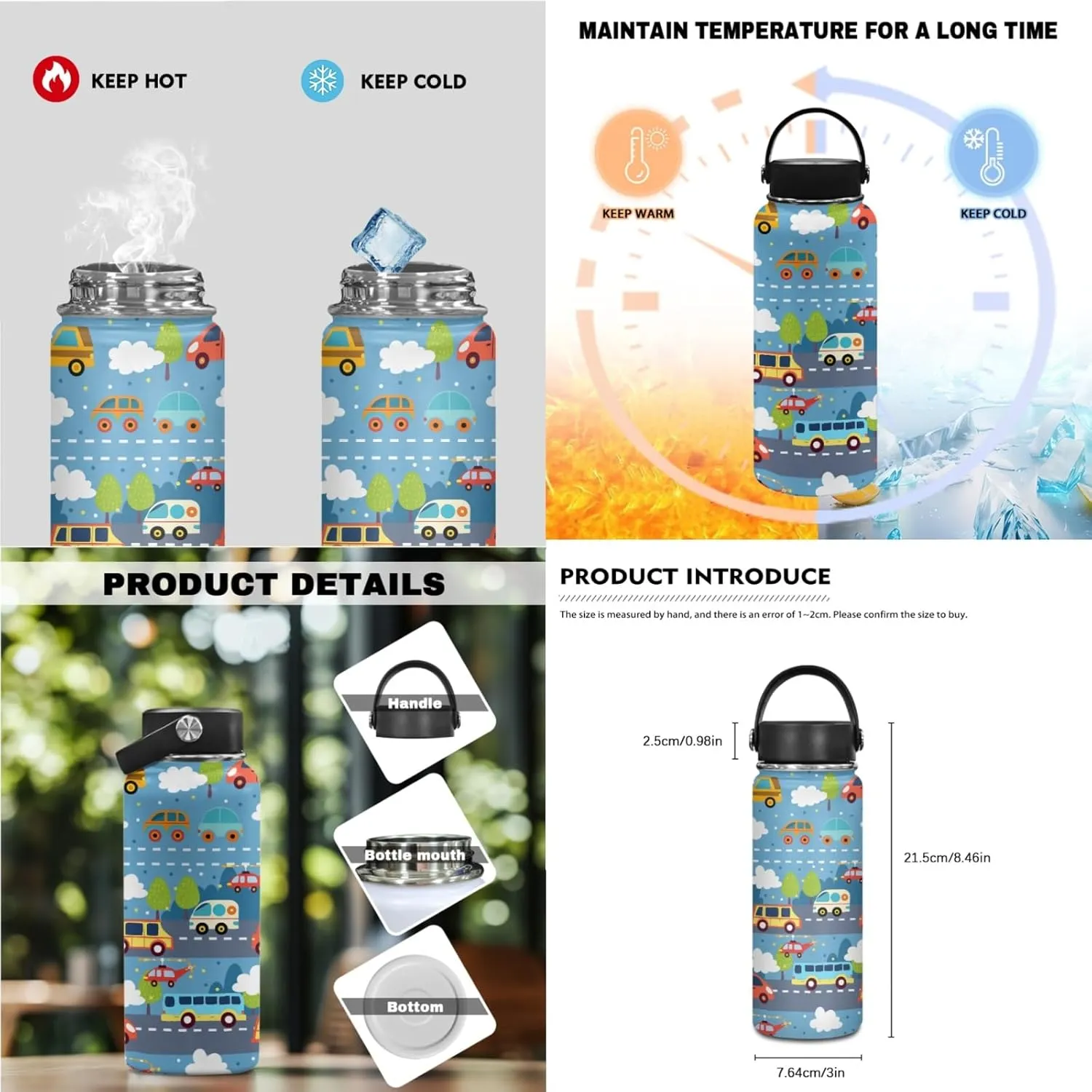 Car Boys 3 Pcs Backpack Set with Lunch Box Water Bottle for Elementary Kids Bookbag Large Daypack for Age 3-9 Children School Bag for Girls 17 Inch Book Bags