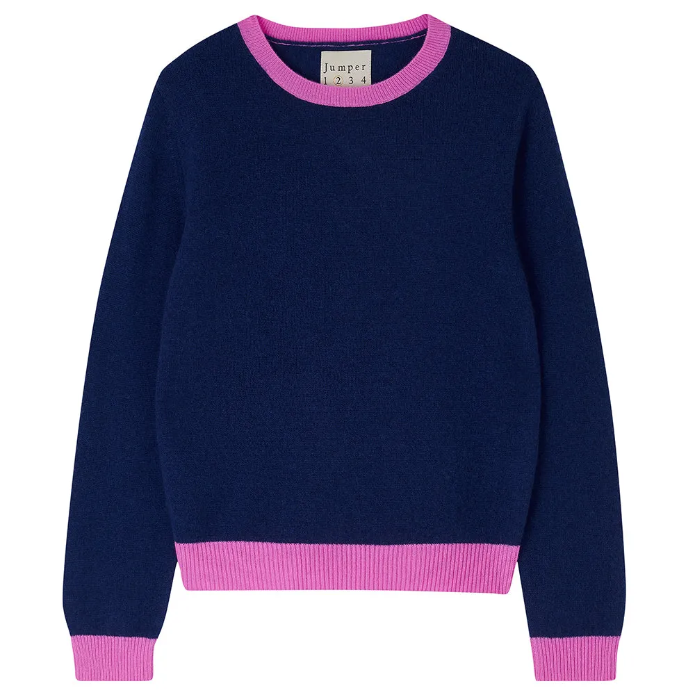 Cashmere Contrast Crew in Denim and Peony
