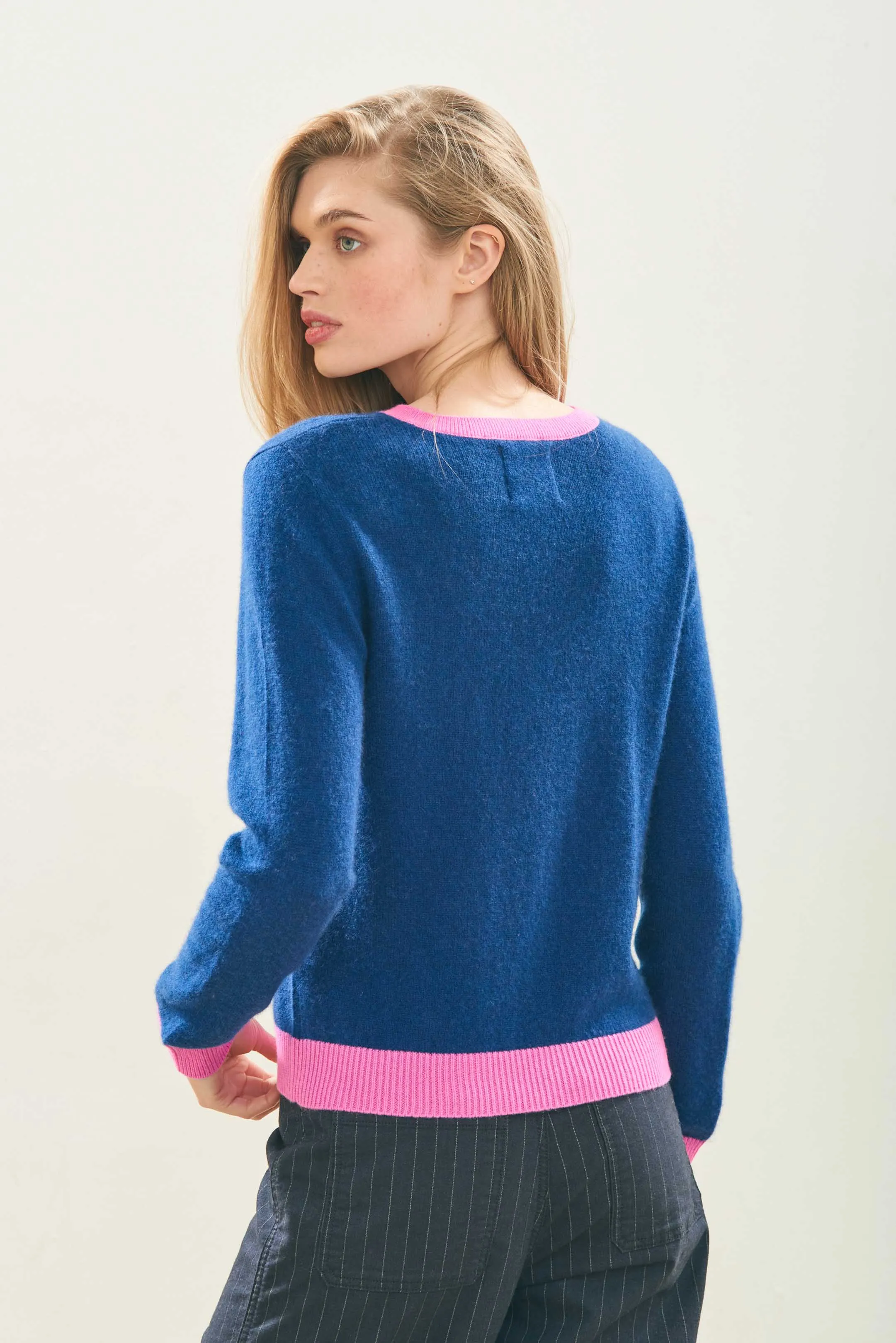 Cashmere Contrast Crew in Denim and Peony