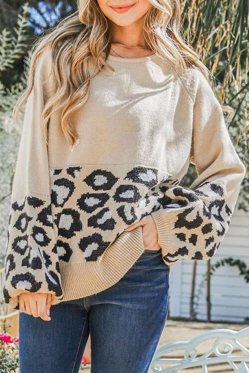 Comfy Wild Knit Crew Neck Leopard Print Sweater