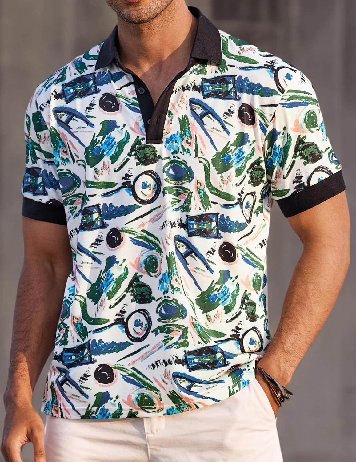 COOFANDY Mens Casual Short Sleeve Polo Shirts Slim Fit Paisley Polo T Shirts Floral Print Shirt