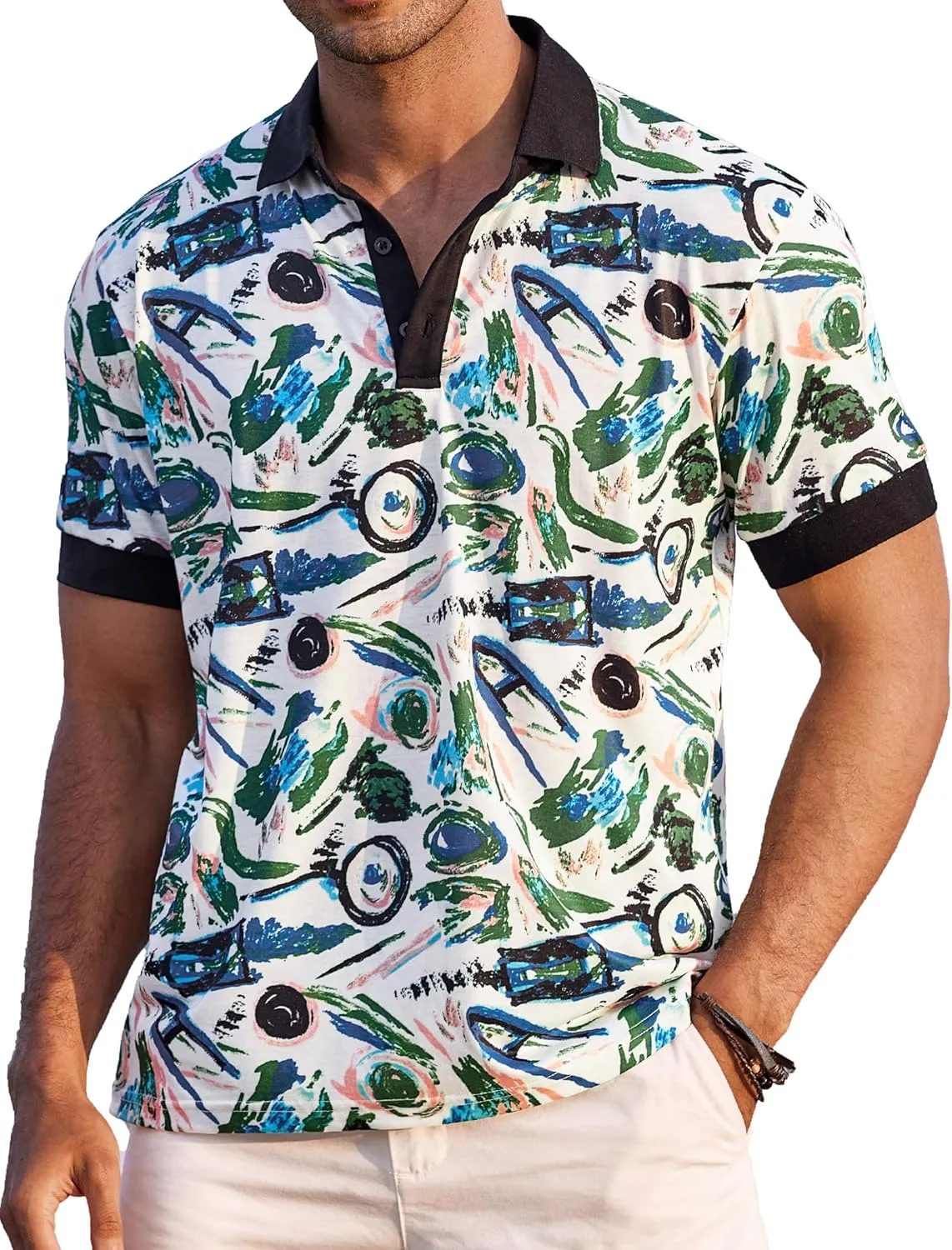 COOFANDY Mens Casual Short Sleeve Polo Shirts Slim Fit Paisley Polo T Shirts Floral Print Shirt