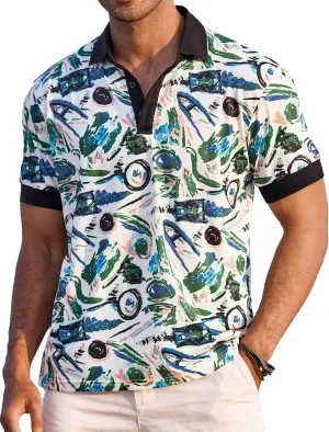 COOFANDY Mens Casual Short Sleeve Polo Shirts Slim Fit Paisley Polo T Shirts Floral Print Shirt