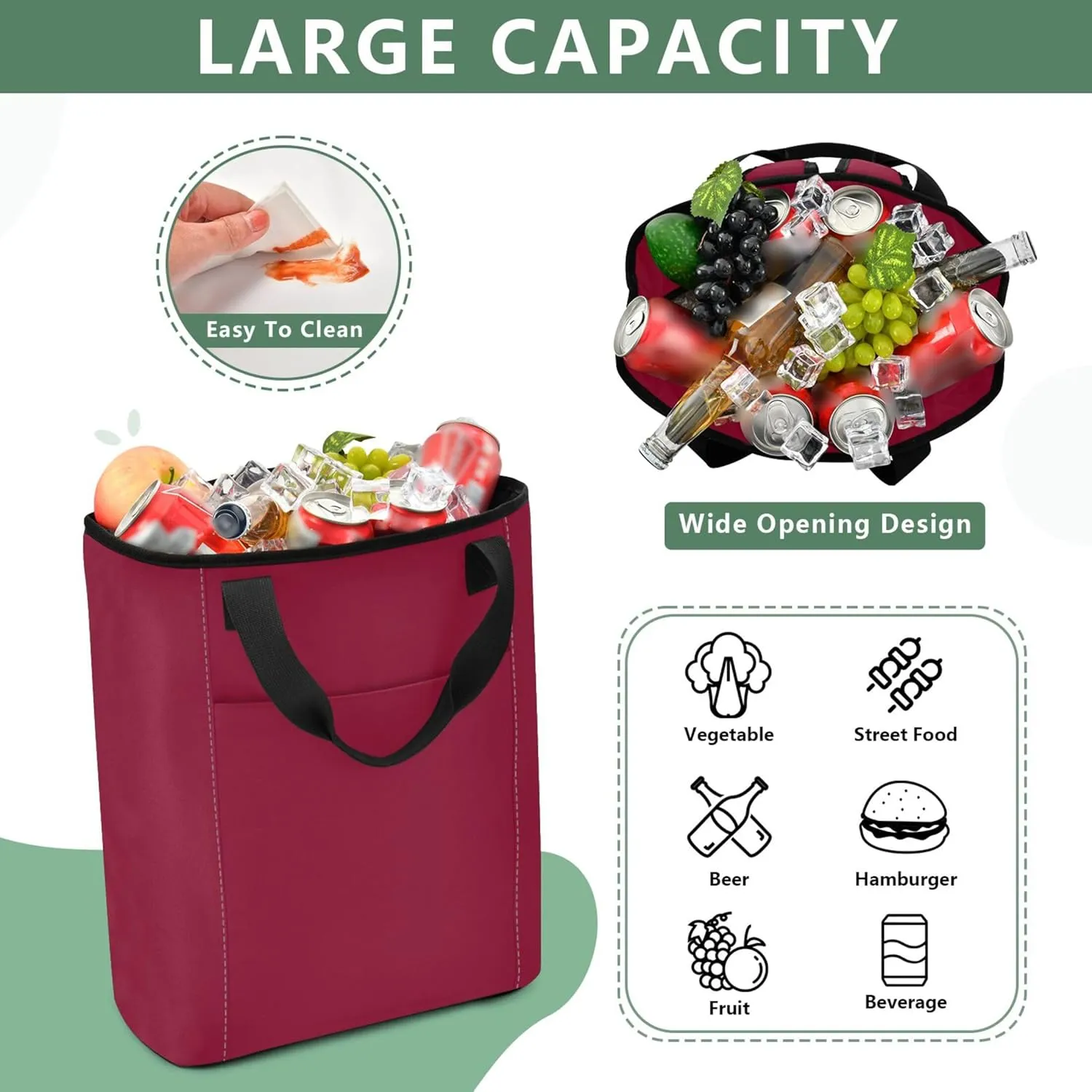 Cooler Bag Burgundy Cooler Lunch Bag 36 Cans Shopping Tote for Groceries