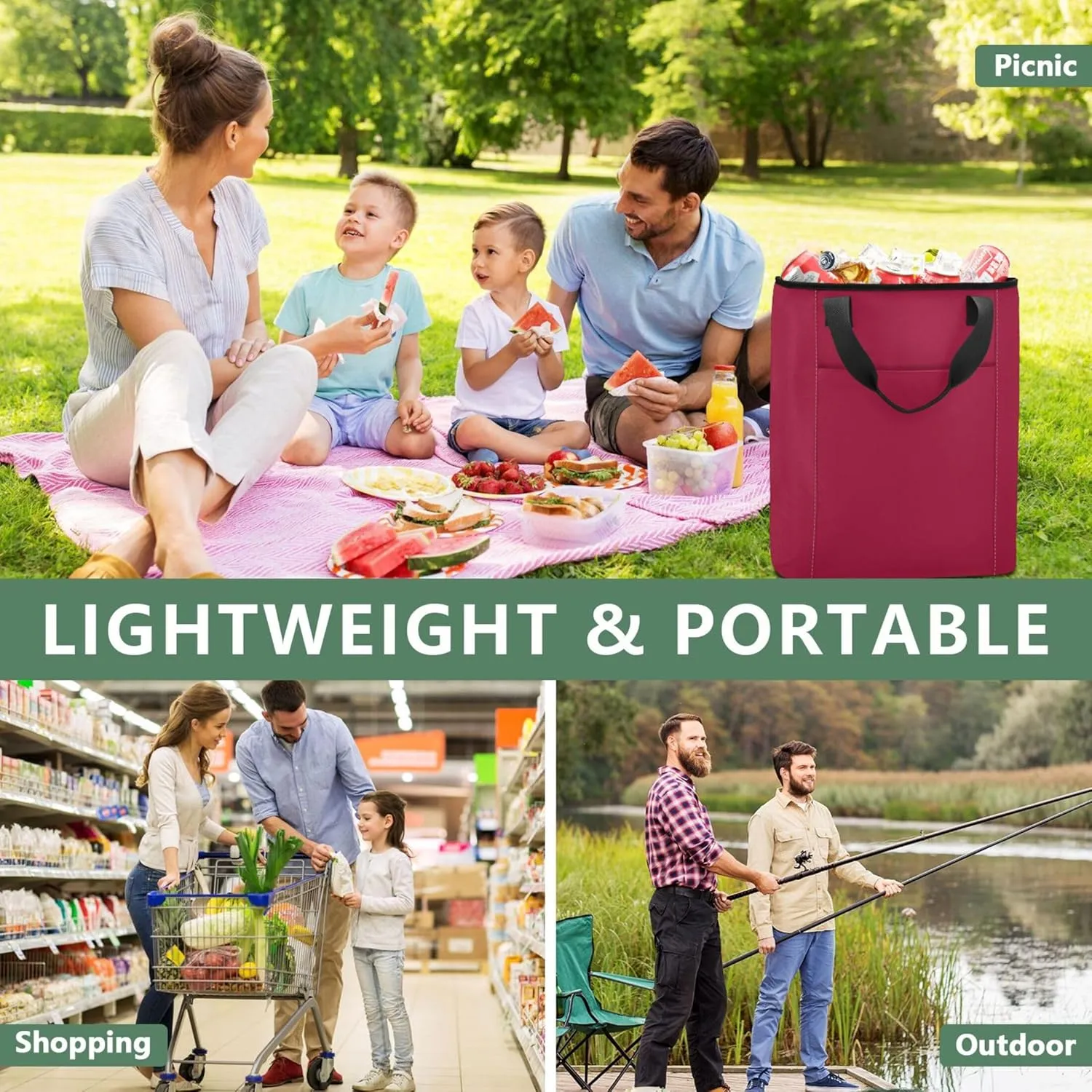 Cooler Bag Burgundy Cooler Lunch Bag 36 Cans Shopping Tote for Groceries
