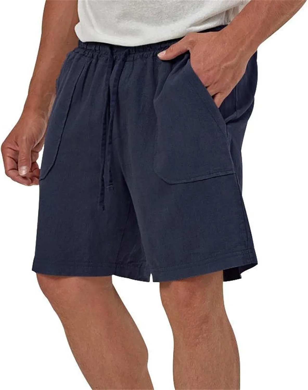 Cotton Linen Shorts for Men Elastic Waist Drawstring Summer Beach Shorts with Pockets Athletic Fit Lightweight Workout Shorts