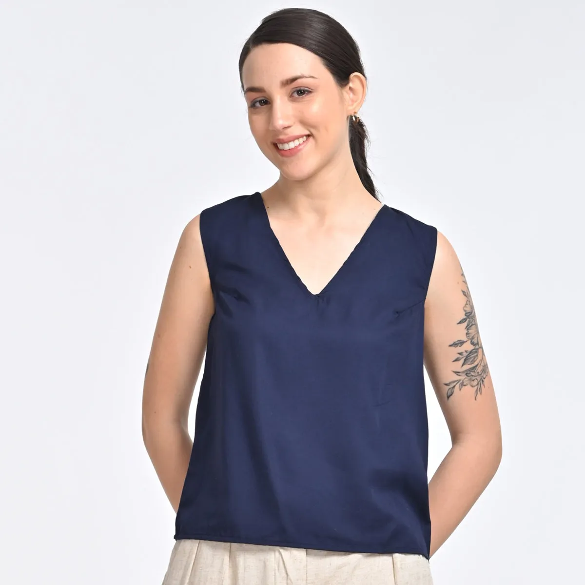 Cotton Tencel V Neck Top | Indigo Blue