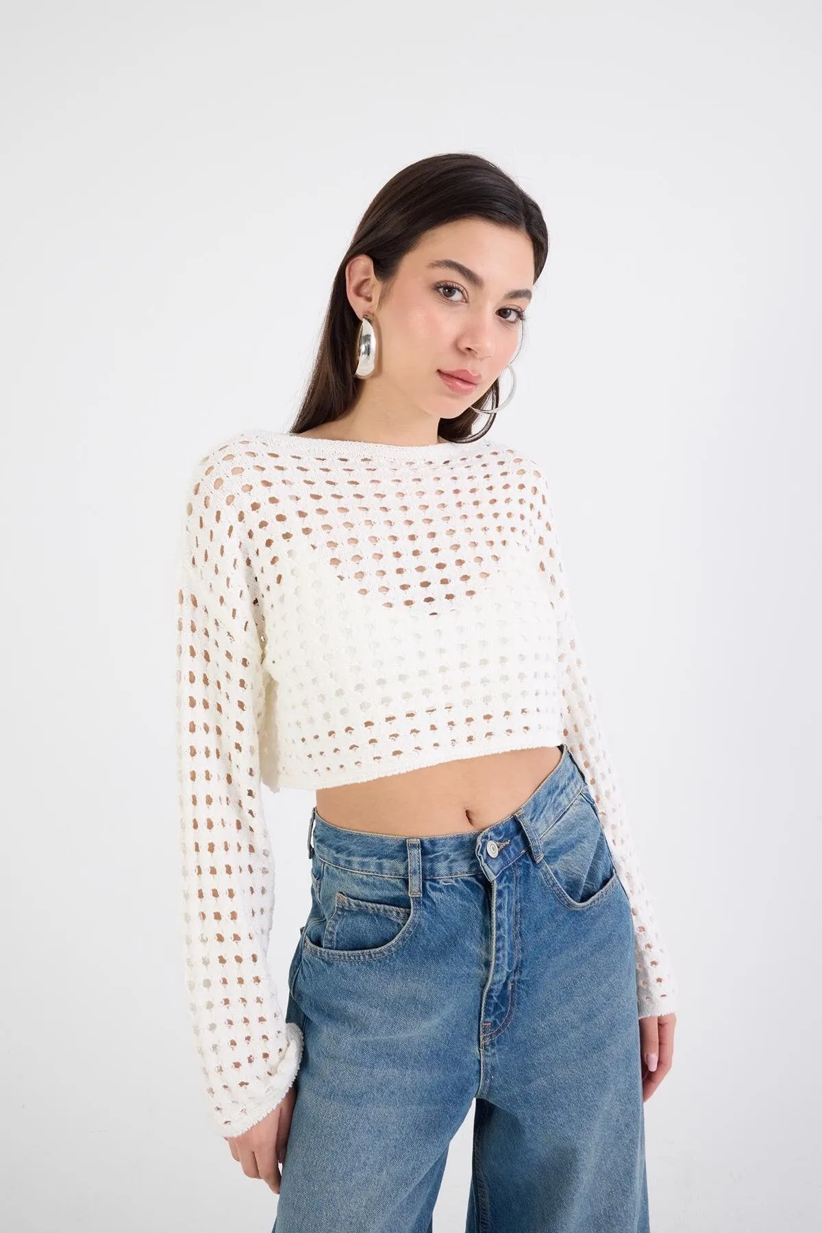 Crew Neck Hole Crop Knitwear Sweater