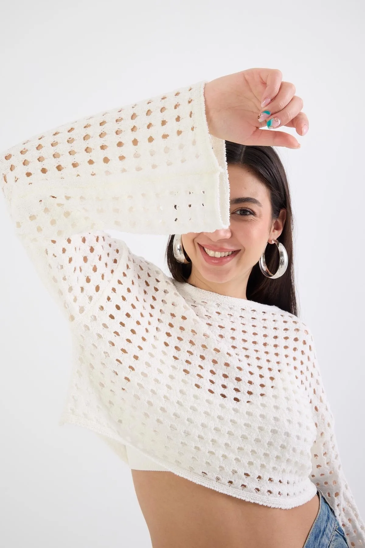Crew Neck Hole Crop Knitwear Sweater
