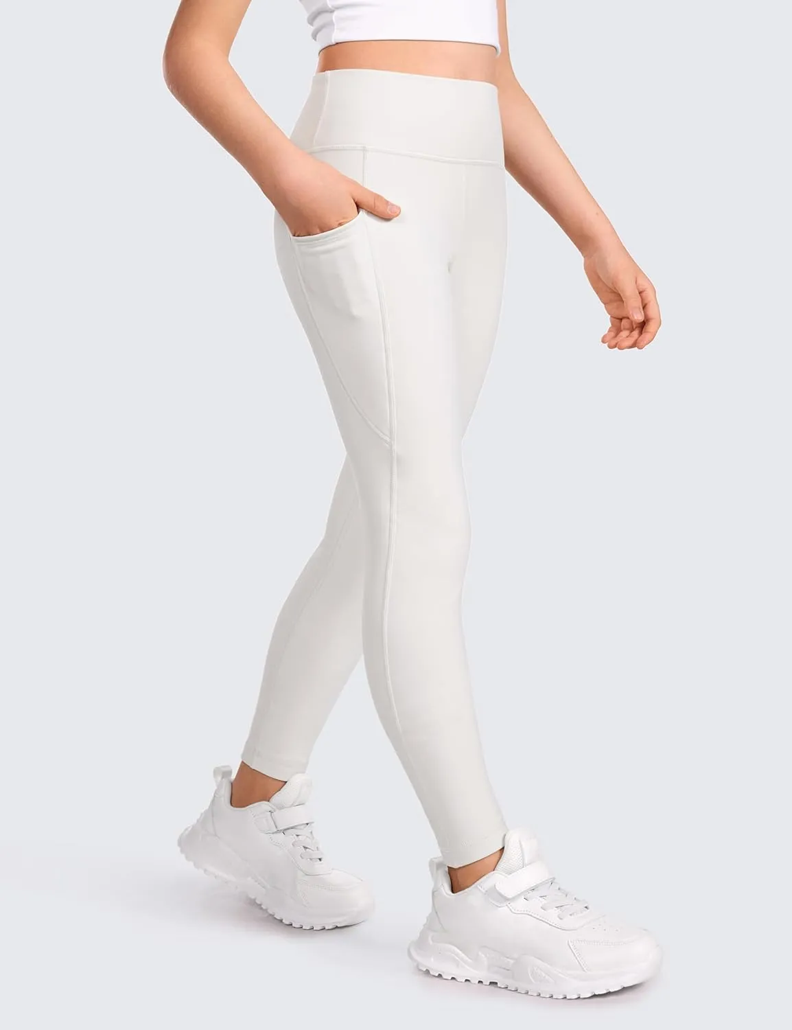 CRZ YOGA Girls Thermal Fleece Lined Athletic Leggings Water Resistant High Waist Warm Winter Kids Lounge Pants Side Pockets