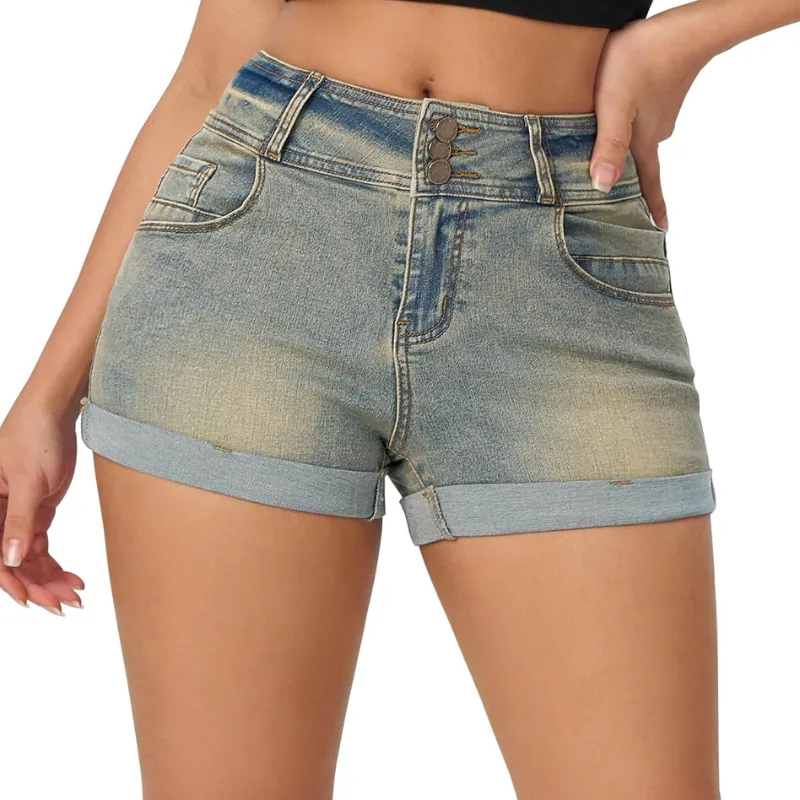 Cuffed Hem Stretchy Denim Shorts